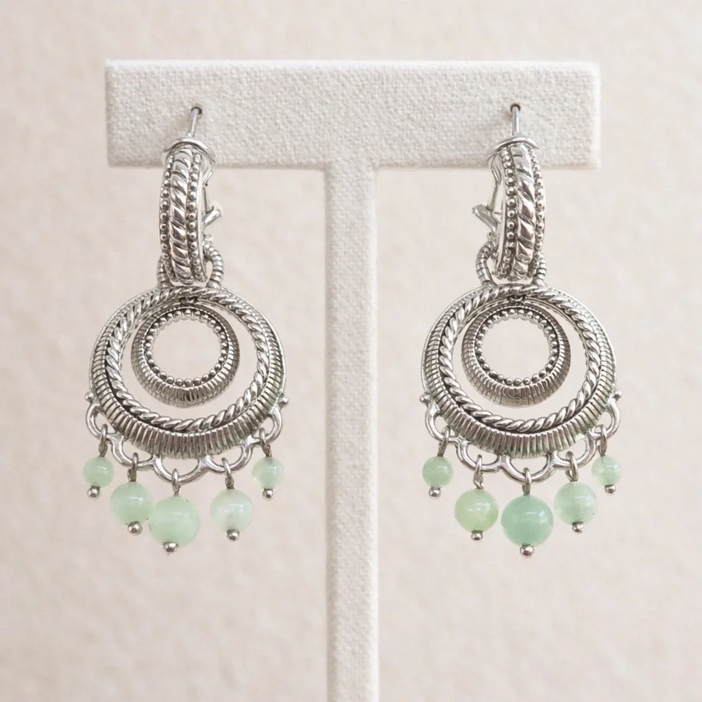 JUDITH RIPKA 925 Sterling Silver Real Jade Dangle Charm Omega Back Earrings